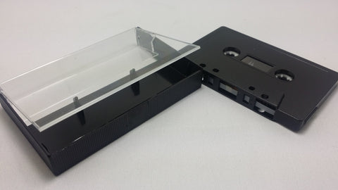 Black cassette tape and Case laying on a white background