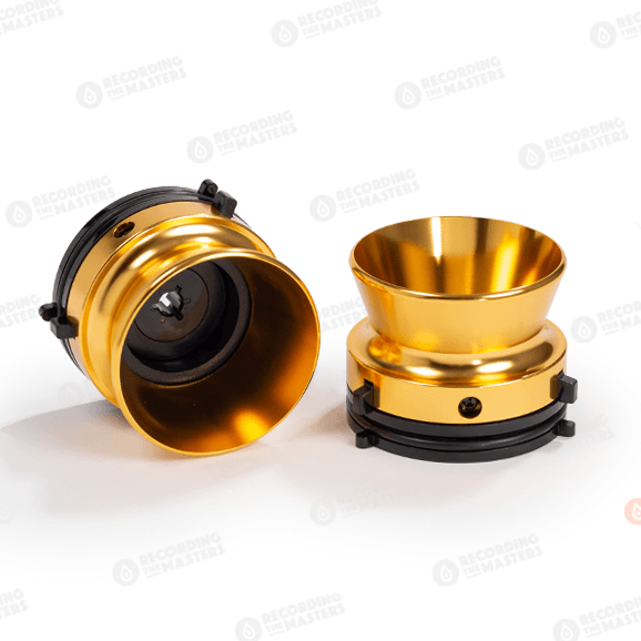 front of gold RTM gold nab hub adapters on white background